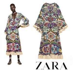 NWOT Zara ethnic tribal print midi flowy dress/Fall season dress size XS